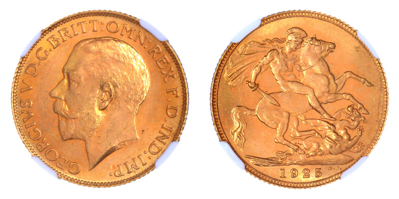 Great Britain 1925, 1 Sovereign.

Graded MS 66 by NGC. 

.2354 oz.

KM-820