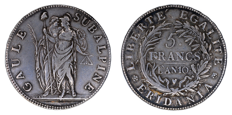 Italian States, Piedmont Rep. L'an 10 (1802), 5 Francs. VF+ condition.

C#4