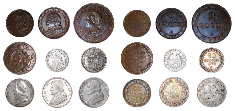 Italian States, Vatican, 9 coin lot, from 1825-69. Varied denominations and cond...