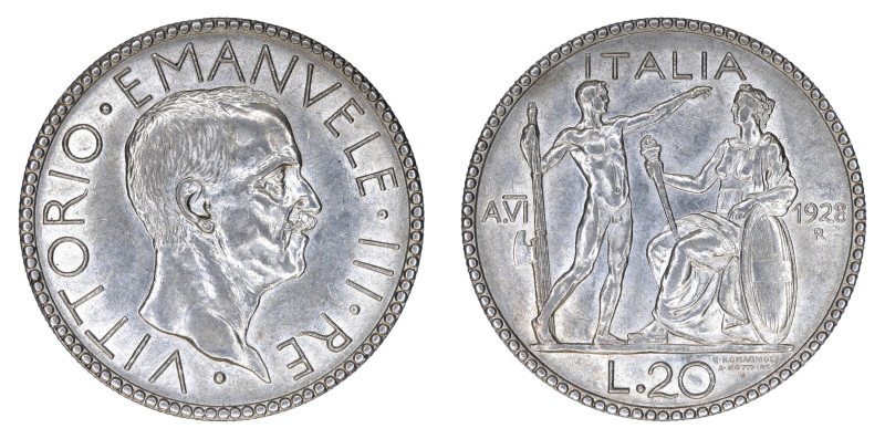 Italy 1928 R, Anno VI, 20 Lire. AU condition.

KM-69