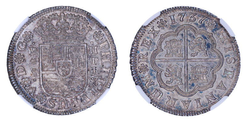 Spain 1737S PJ, 2 Reales.

Graded MS 63 by NGC. Only 1 coin graded higher by NGC...