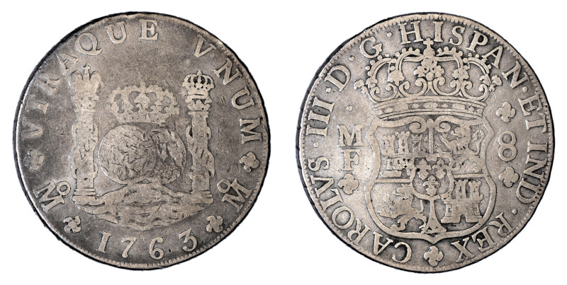 Mexico 1763 MF, 8 Reales, Fine condition. 

KM-105