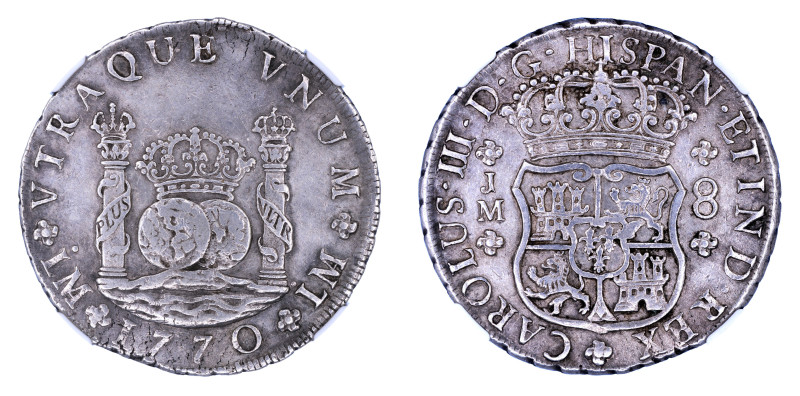 Spanish Colonial Peru, 1770LM JM, 8 Reales. Two Dots

Graded XF 45 by NGC. Stron...