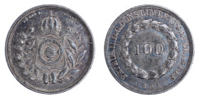 Brazil 1837, 100 Reis. Nice old cabinet toning. AU condition.

KM-452