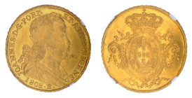 Brazil 1808R, 6400 Reis.

Graded MS 63 by NGC. Only 1 coin graded higher by NGC. Lustrous yellow/gold surfaces; slightly proof-like areas in parts of ...