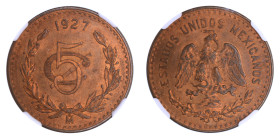 Mexico 1927Mo, 5 Centavos.

Graded MS 65 RB by NGC. Only 5 coins graded higher by NGC. Smooth surfaces, nice red/brown colour.

Km-422