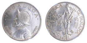 Panama 1947, 1 Balboa.

Graded MS 64+ by NGC. Choice BU, silvery/white

KM-13