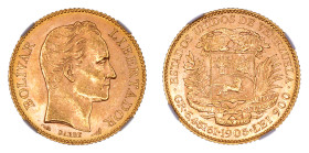 Venezuela 1905, G20 Bolívares.

Graded MS 63 by NGC. 

.1867 oz.

Y#32