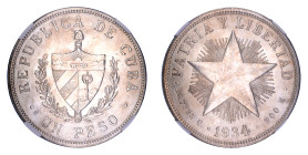 Cuba 1934, Peso, Star Type

Graded MS 63+ by NGC. Silvery coloured surfaces; light contact marks on the star.

Km-15.2