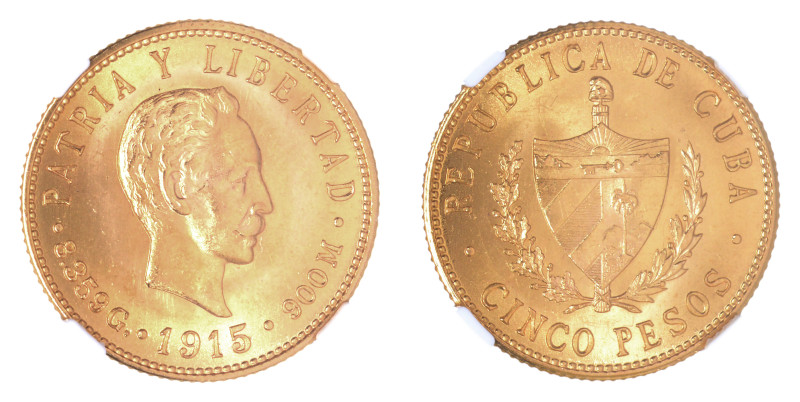 Cuba 1915, G5 Pesos.

Graded MS 64 by NGC. 

.2419 oz.

KM-19