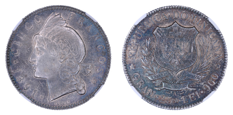Dominican Republic 1891A, 5 Francos.

Graded AU 53 by NGC. Lustre shows through ...
