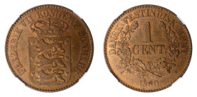 Danish West Indies 1860, 1 CENT

Graded MS 64 BN by NGC. Only 2 coins graded higher by NGC. Well struck, traces of lustre shows through around the dev...