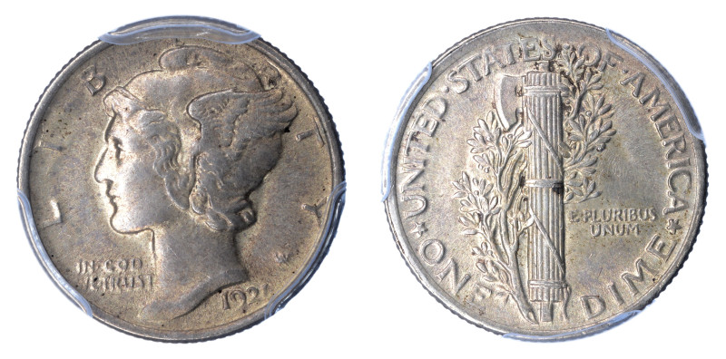United States 1921, 10 CENTS, Graded MS 63 FB by PCGS. Scarce date.