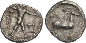 Ancient Greece
Estátera. 475-425 a.C. BRUTTIUM. KAULONIA. Anv.: Apolo caminando a derecha sosteniendo una rama de laurel en la mano derecha erguida, ...