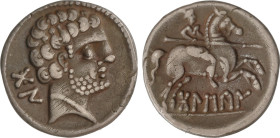 Celtiberian Coins
Denario. 180-20 a. C. BOLSCAN (HUESCA). Anv.: Cabeza masculina barbada a derecha, detrás letras ibéricas BoN. Rev.: Jinete con lanz...