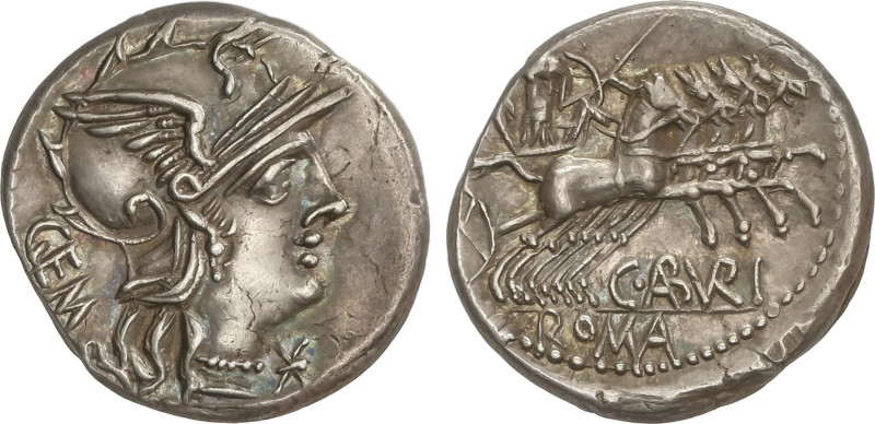 Roman Coins
Denario. 134 a.C. ABURIA. C. Aburius Geminus. Anv.: Cabeza de Roma ...