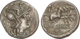 Roman Coins
Denario. 134 a.C. ABURIA. C. Aburius Geminus. Anv.: Cabeza de Roma a derecha, delante *. Detrás: GEM. Rev.: Marte con arco, lanza y escud...