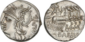 Roman Coins
Denario. 137 a.C. BAEBIA. Marcius Baebius Q. f. Tampilus. Anv.: Cabeza de Roma con gargantilla de doble hilera de perlas (no visible) a i...