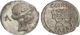 Roman Coins
Denario. 46 a.C. CONSIDIA. C. Considius Paetus. Anv.: Cabeza laureada de Apolo a derecha, detrás A. Rev.: Silla curul sobre la que se enc...
