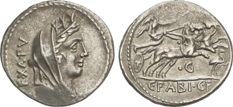 Roman Coins
Denario. 104 a.C. FABIA. C. Fabius C.f. Hadrianus. Anv.: Cabeza de ...