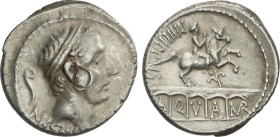 Roman Coins
Denario. 56 a.C. MARCIA. C. Marcius Philippus. Anv.: Cabeza de Ancus Marcius a derecha, detrás Lituo, debajo ANCVS. Rev.: Estatua ecuestr...