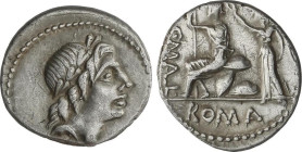 Roman Coins
Denario. 91 a.C. POBLICIA. Caius Poblicius Malleolus. Anv.: Cabeza laureada de Apolo a derecha. Rev.: Roma sentada a izquierda coronada p...