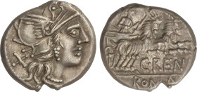 Roman Coins
Denario. 138 a.C. RENIA. C. Renius. Anv.: Cabeza de Roma a derecha, detrás X. Rev.: Juno Caprotina en biga arrastrada por machos cabríos ...