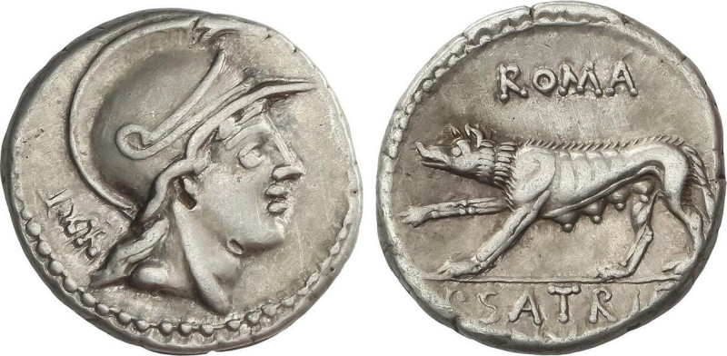 Roman Coins
Denario. 77 a.C. SATRIENA. P. Satrienus. Anv.: Cabeza de Marte a de...