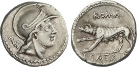 Roman Coins
Denario. 77 a.C. SATRIENA. P. Satrienus. Anv.: Cabeza de Marte a derecha, detrás XXT. Rev.: Loba a izquierda, encima ROMA, debajo P. SATR...