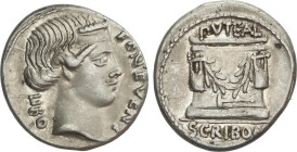 Roman Coins
Denario. 62 a.C. SCRIBONIA. L. Scribonius Libo. Anv.: LIBO-BON EVENT. Cabeza diademada de Bonus Eventus a derecha. Rev.: Martillo debajo ...