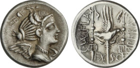 Roman Coins
Denario. 82 a.C. VALERIA. C. Valerius Flaccus. GALIA. Anv.: Busto alado de Victoria a derecha, detrás caldero sobre trípode. Rev.: Águila...