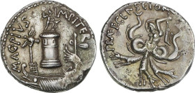 Roman Coins
Denario. 42-40 a.C. SEXTO POMPEYO. Anv.: Faro de Mesina coronado por la estatua de Neptuno, delante galera, encima a izquierda águila leg...