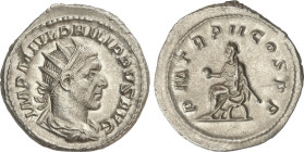 Roman Coins
Antoniniano. 245 d.C. FILIPO I. Rev.: P. M. TR. P. II COS. P. P. Filipo sentado en silla curul a izquierda. 4,70 grs. AR. (Hojita). C-120...