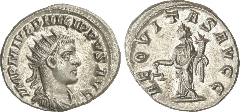 Roman Coins
Antoniniano. 247 d.C. FILIPO II. Rev.: AEQUITAS AVGG. Equidad en pi...