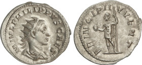 Roman Coins
Antoniniano. 244-246 d.C. FILIPO II. Rev.: PRINCIPI IVVENT. Filipo II en pie a izquierda con globo y lanza. 4,05 grs. AR. C-48; RIC-218. ...