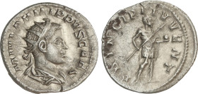 Roman Coins
Antoniniano. 244-246 d.C. FILIPO II. Rev.: PRINCIPI IVVENT. Filipo II en pie a derecha con globo y lanza. 3,88 grs. AR. C-54; RIC-216. EB...