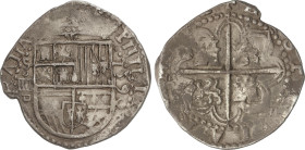 Spanish Monarchy
4 Reales. 1590. SEVILLA. P tumbada. 13,66 grs. (Oxidaciones limpiadas). ESCASA. AC-583; CCT-318a mismo ejemplar. MBC.