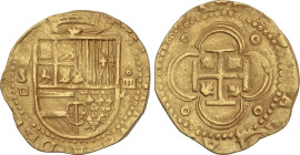 Spanish Monarchy
4 Escudos. S/F. SEVILLA. P tumbada. Anv.: S/P tumbada - Escudo - IIII. 13,39 grs. ESCASA. AC-887. MBC+.
