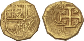 Spanish Monarchy
2 Escudos. Fecha no visible. SEVILLA. B. Anv.: S/B a izquierda del escudo. 6,70 grs. MBC.