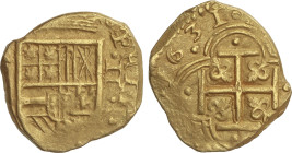Spanish Monarchy
2 Escudos. 1631. CARTAGENA DE INDIAS. (E). Anv.: Solo visible la parte derecha de la C de la ceca. Valor ·II· en vertical a derecha ...