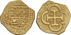 Spanish Monarchy
4 Escudos. 16(--). SEVILLA. R. Anv.: S/R - Escudo - IIII vertical. Rev.: Cuatro cuadraditos en los espacios de la cruz. 13,45 grs. R...