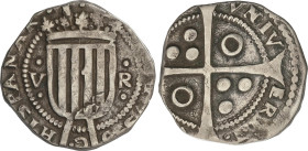 Spanish Monarchy
5 Rals. (1641). FELIPE IV. OLOT. Anv.: (PHILI)PVS.D-G-HISPANIAR. Rev.: VNIV-ERIT-(OLOT-1641) Anillos 2/3. 11,75 grs. RARA. AC-Anv176...