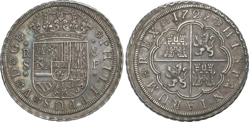 Spanish Monarchy
8 Reales. 1729. SEVILLA. P. 26,18 grs. Preciosa pátina de cole...