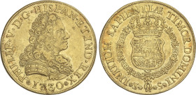 Spanish Monarchy
8 Escudos. 1730. SEVILLA. 26,98 grs. Sin indicación del valor ni ensayadores. (Pequeñas hojitas y golpecitos). Restos de brillo orig...