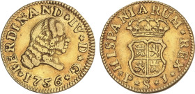Spanish Monarchy
1/2 Escudo. 1756. SEVILLA. P.J. Anv.: *FERDINAND*VI*D*G*1756. 1,76 grs. ERROR ORDINAL DEL REY: IV. Se acompaña de certificado de aut...