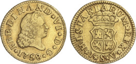 Spanish Monarchy
1/2 Escudo. 1758. SEVILLA. J.V. 1,75 grs. Cuarto busto. (Cordoncillo irregular, probablemente descolgada). AC-586. MBC.