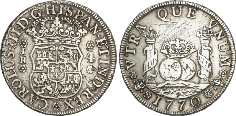 Spanish Monarchy
4 Reales. 1770. POTOSÍ. J.R. 13,25 grs. Columnario. (Limpiada,...