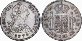 Spanish Monarchy
8 Reales. 1774. LIMA. J.M. 27,11 grs. Ligera pátina oscura. (Algo limpiada). MUY RARA Y MÁS ASÍ. AC-1039; Cal-854. EBC/EBC+.