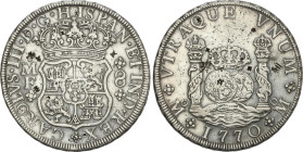 Spanish Monarchy
8 Reales. 1770. MÉXICO. M.F. 26,60 grs. Columnario. Resellos en anverso y reverso. (Limpiada). AC-1099. MBC.