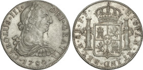 Spanish Monarchy
8 Reales. 1780. MÉXICO. F.F. 26,84 grs. (Leves rayitas). Restos de brillo original en reverso. AC-1120. EBC-.